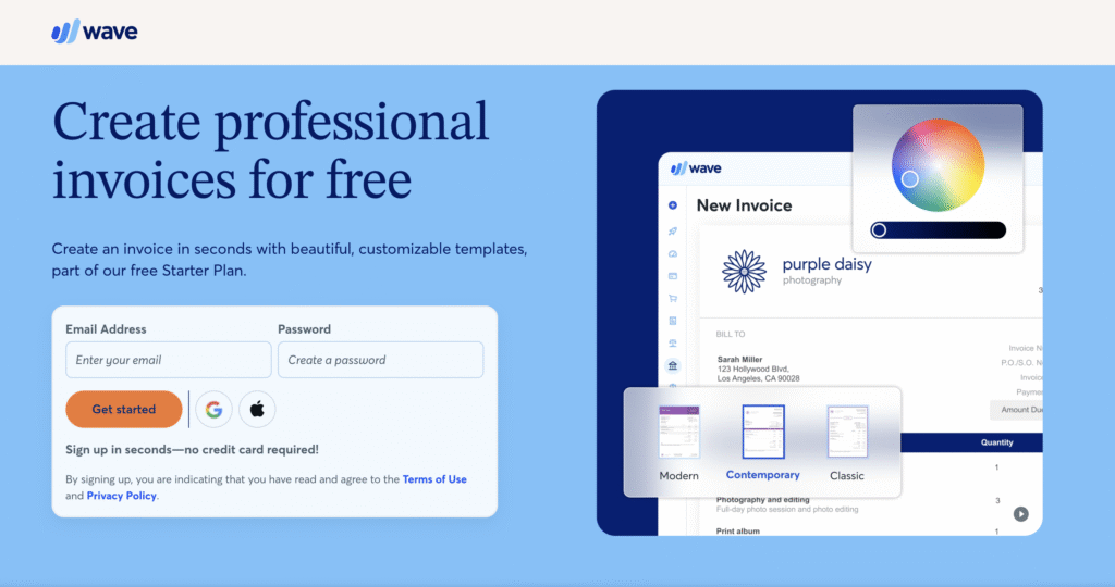 Wave app sign-up page offering free professional invoice creation with customizable templates and no credit card required.