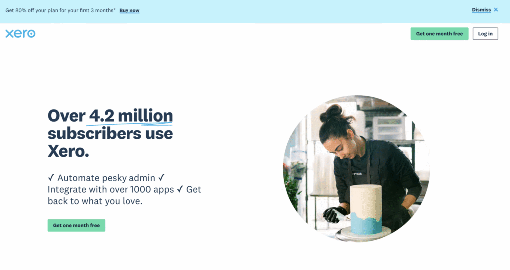 Webpage showing a promotion for Xero with over 4.2 million subscribers and a photo of a person decorating a cake in a kitchen.