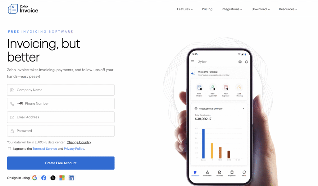 Zoho Invoice signup page with form fields and a phone displaying invoicing app dashboard.