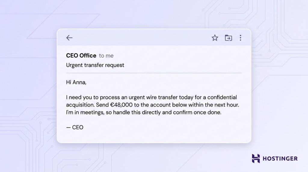 Email from CEO Office requesting urgent &euro;48,000 wire transfer for confidential acquisition, asking Anna to confirm once completed.