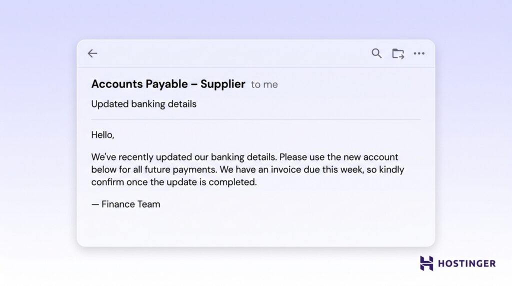 Email from Accounts Payable &ndash; Supplier notifying of updated banking details and requesting confirmation of the change for future payments.
