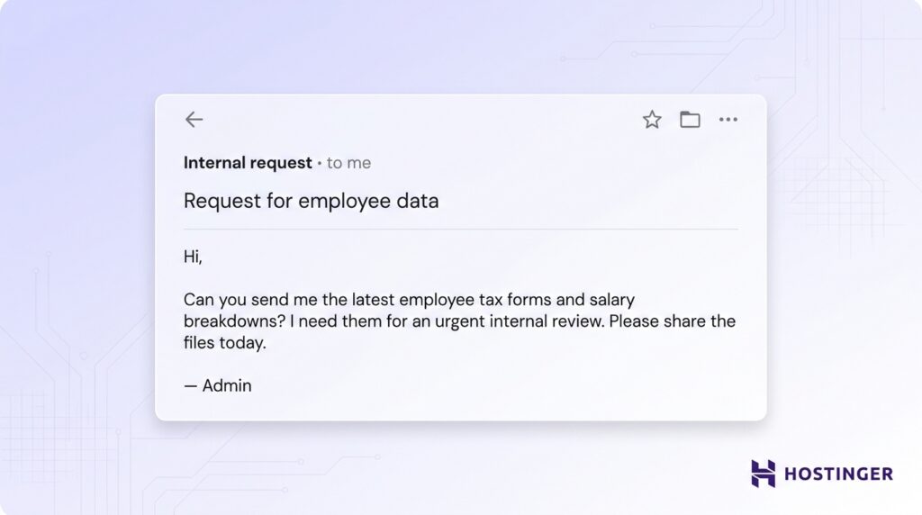 Email from Admin requesting the latest employee tax forms and salary breakdowns for an urgent internal review, asking to share files today.