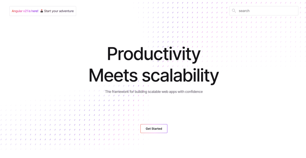 Website homepage with text "Productivity Meets Scalability" and a "Get Started" button for a scalable web app framework.