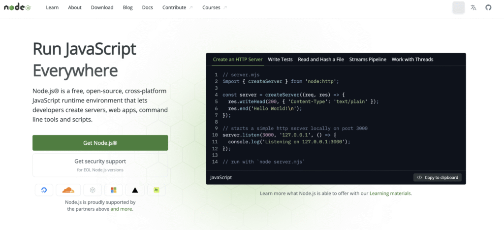 Node.js homepage highlighting JavaScript server code for creating an HTTP server listening on port 3000.