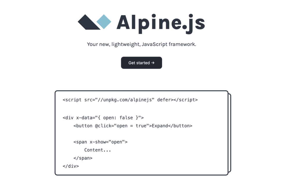 Alpine.js logo with tagline "Your new, lightweight, JavaScript framework" and a sample code snippet demonstrating toggle content behavior.
