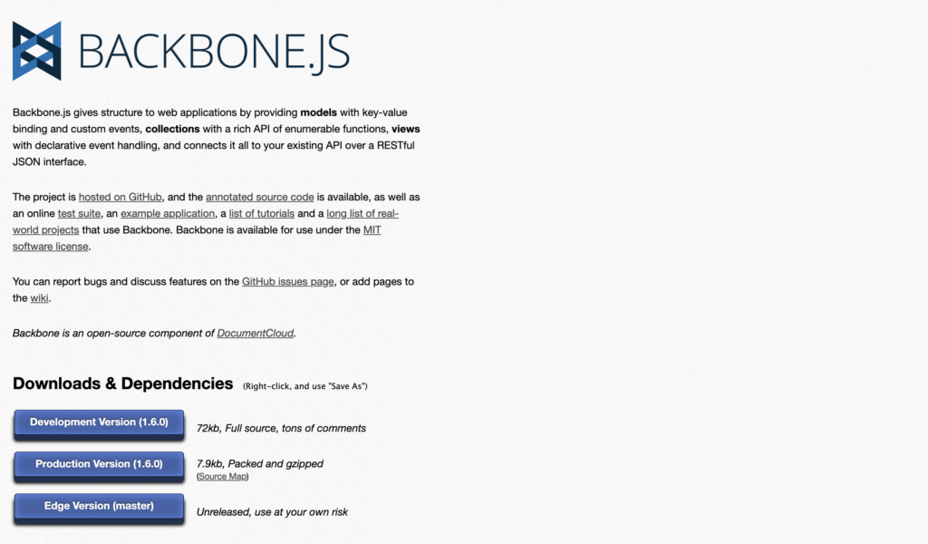 Homepage of Backbone.js showing project description and download options for development, production, and edge versions.