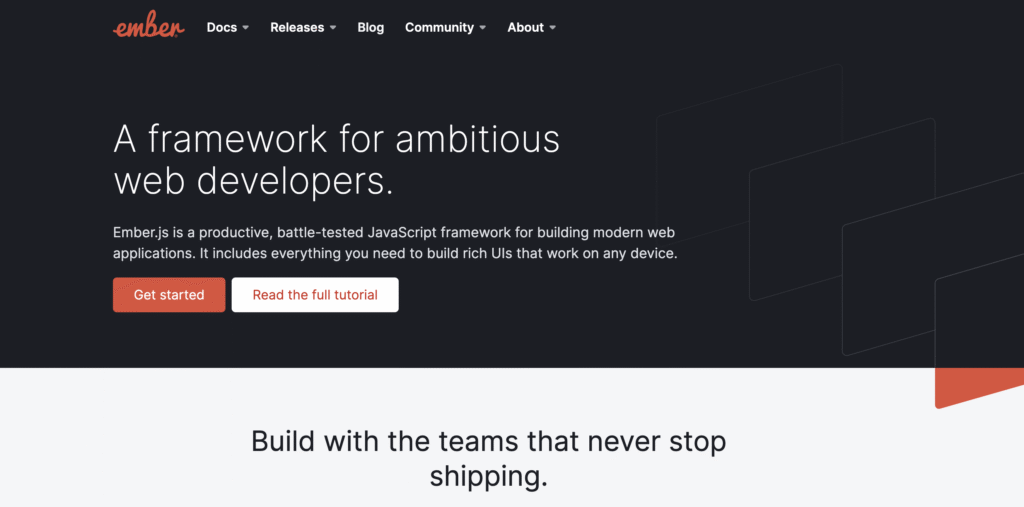 Ember.js website homepage showing it as a JavaScript framework for ambitious web developers with options to get started or read tutorial.