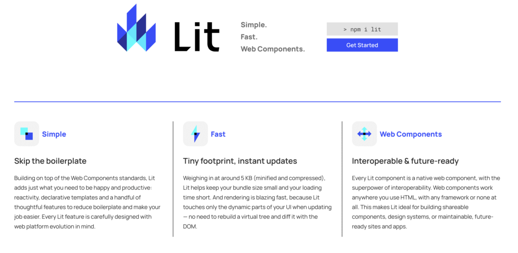 Lit logo and tagline promoting simple, fast web components with sections highlighting skipping boilerplate, tiny footprint, and interoperability.