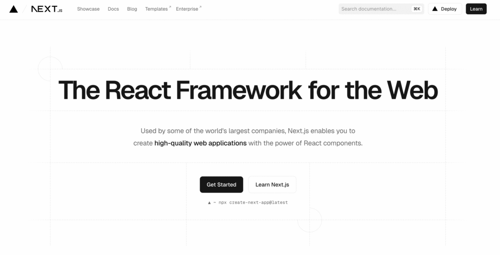 Next.js homepage showcasing "The React Framework for the Web" with options to get started or learn Next.js, emphasizing high-quality React web apps.