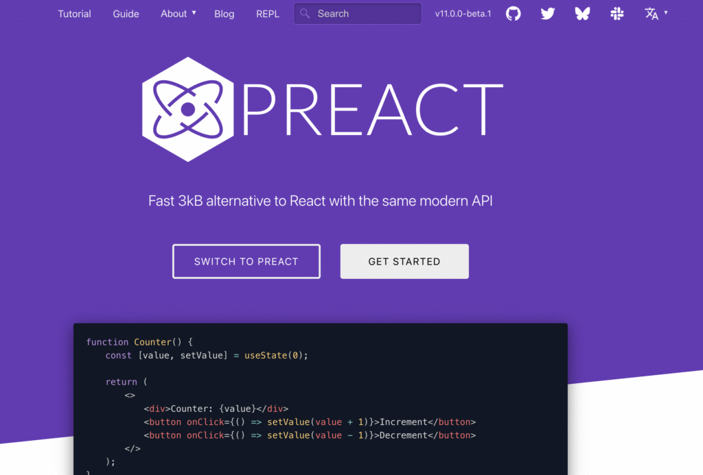 Preact homepage showcasing its logo, tagline as a fast 3kB React alternative, navigation bar, and sample counter component code.