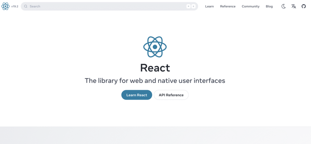 The react homepage shows the logo, tagline "The library for web and native user interfaces," and buttons "Learn React" and "API Reference."