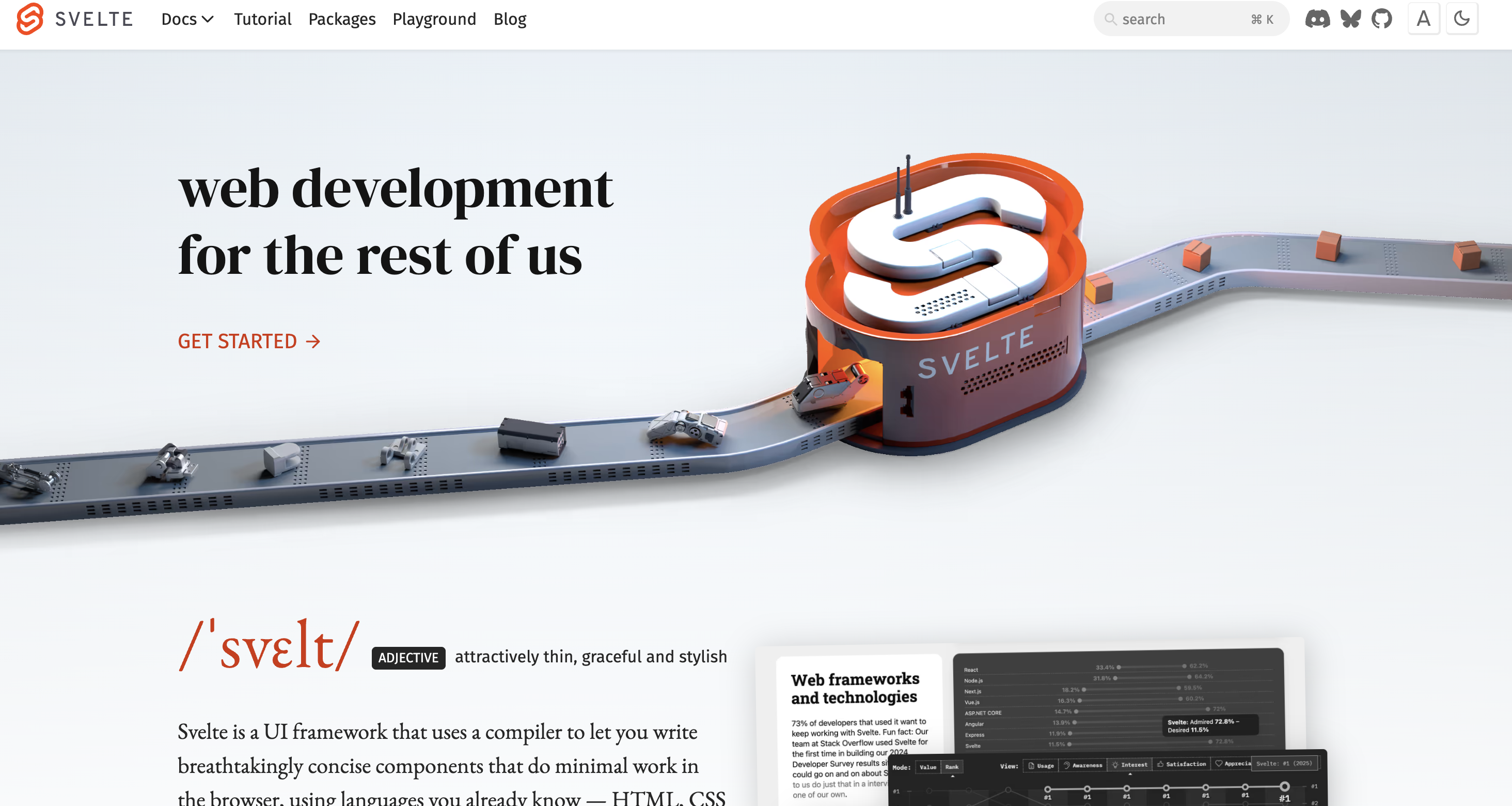 Svelte homepage showing slogan, conveyor belt feeding components into a machine shaped like the Svelte logo, and UI framework description.
