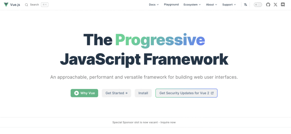 Vue.js homepage showing the tagline "The Progressive JavaScript Framework" with options to learn why Vue, get started, install, and security updates for Vue 2.
