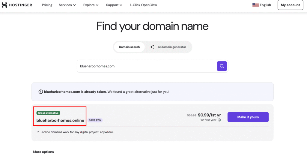 Hostinger domain search shows blueharborhomes.com is taken; suggests blueharborhomes.online as a great alternative for <img data-wp-class--hide=
