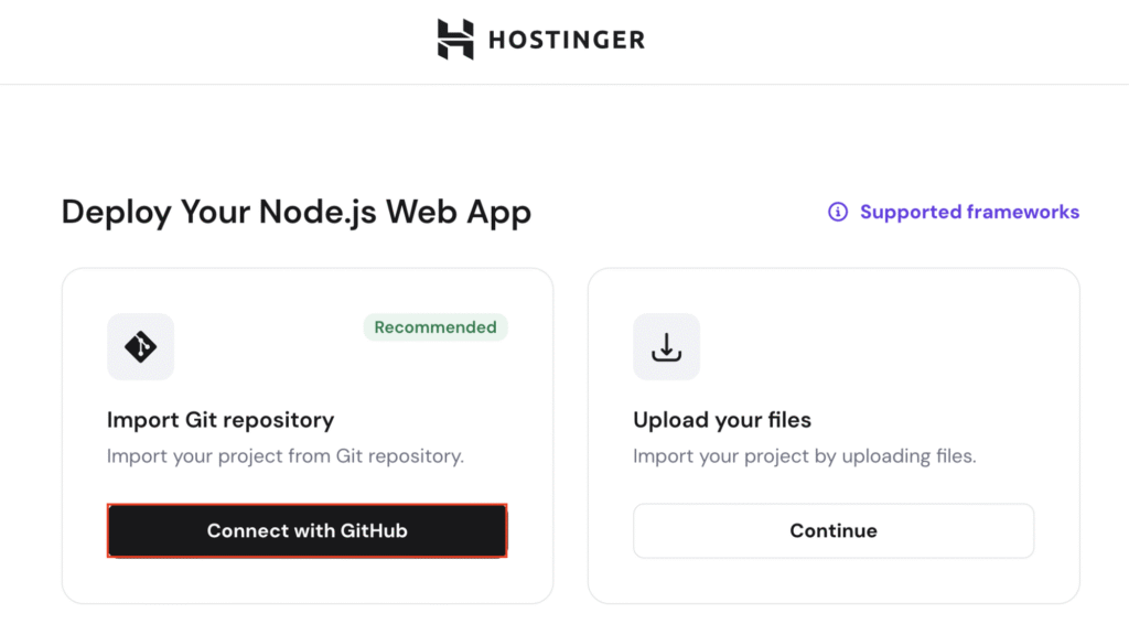 The Connect with GitHub option in hPanel's Node.js web app deployment menu