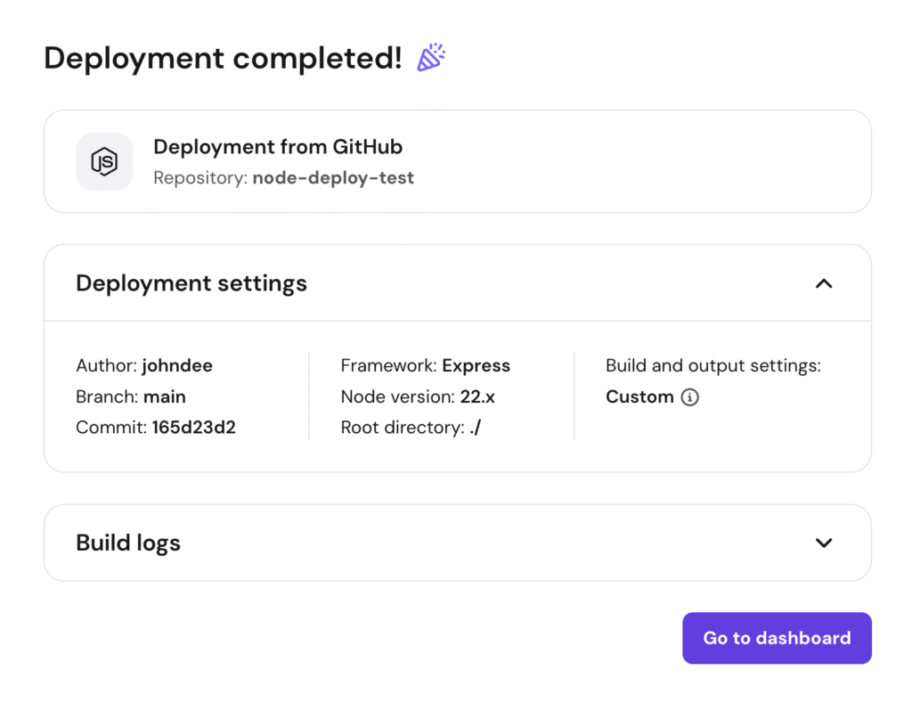 The Deployment completed dialog in hPanel's Node.js web app deployment