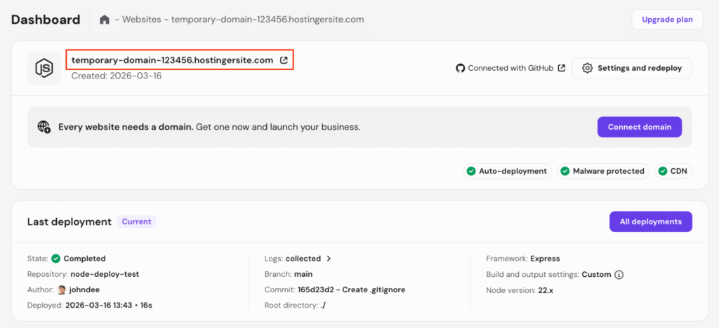 The temporary domain in the Node.js dashboard of hPanel