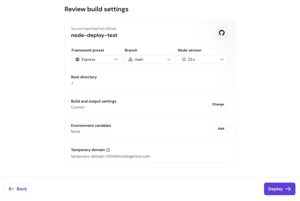 The Review build settings dialog in hPanel's Node.js web app deployment menu