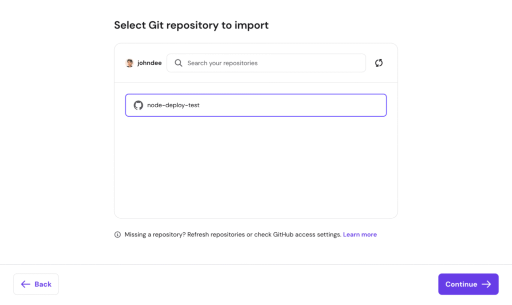 The Select Git repository to import dialog in hPanel's Node.js web app deployment menu
