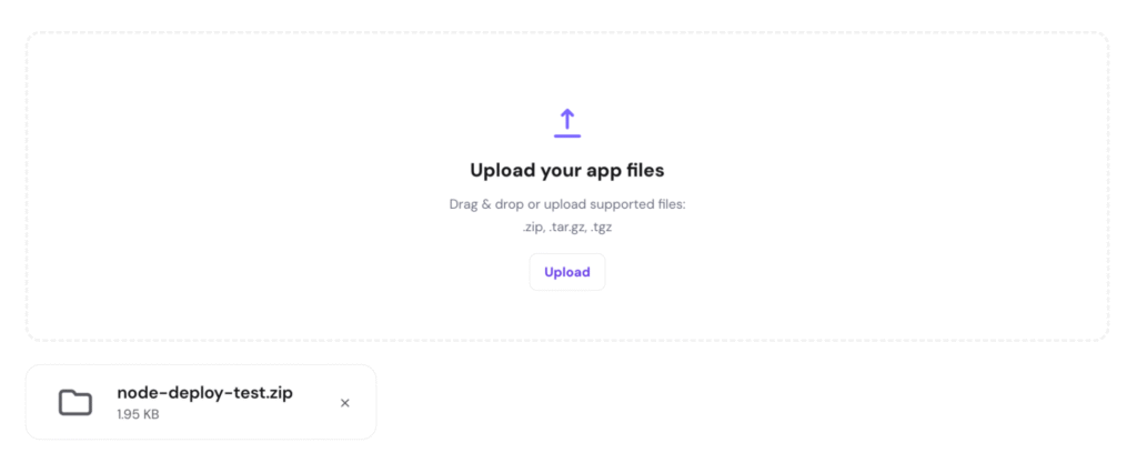 The Upload your app files option in hPanel's Node.js web app deployment menu