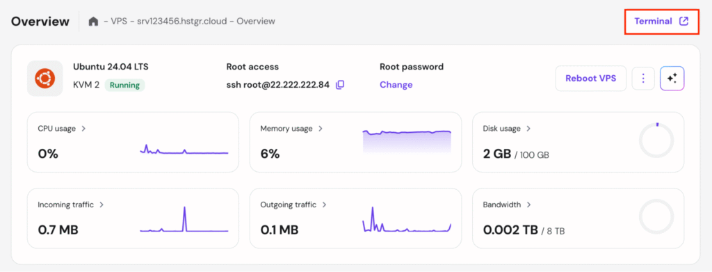 The browser terminal button in hPanel's VPS dashboard