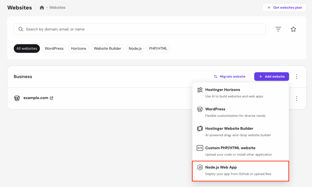 The Node.js Web App option in hPanel's Websites menu