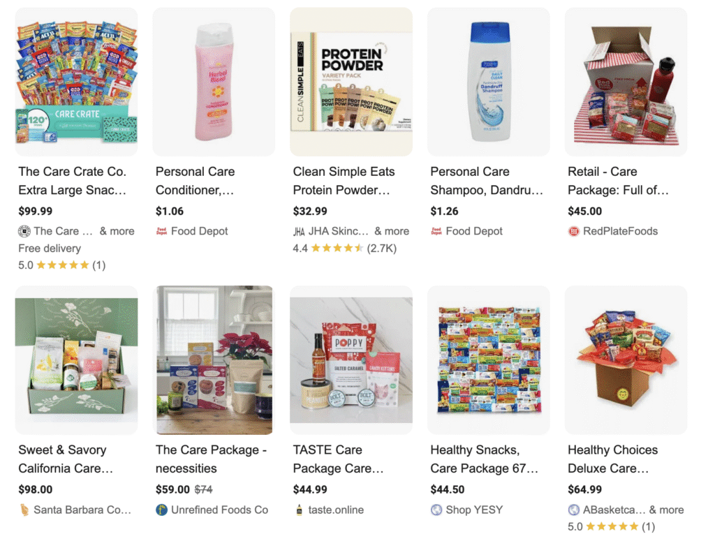 Grid of various care packages featuring snacks, personal care items, and protein products, with prices listed for each option.