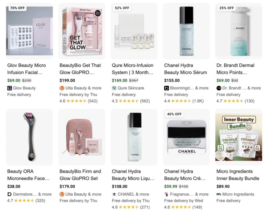 A grid of skincare products featuring serums, rollers, and bundles, with varying discounts and prices displayed.