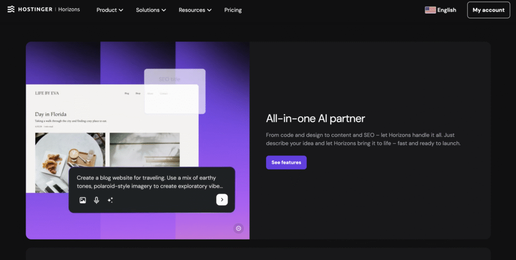 Hostinger Horizons AI platform interface showing blog website creation with a travel theme and an all-in-one AI partner description on a dark background.