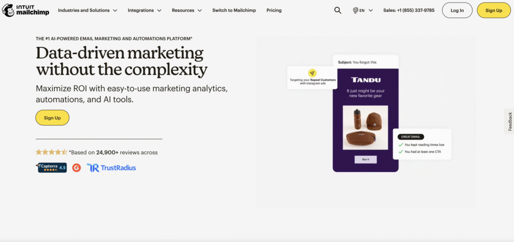 Mailchimp homepage promoting AI-powered, data-driven marketing with easy-to-use analytics, automation, and a sign-up call to action.