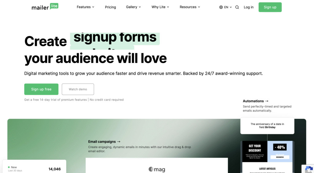 MailerLite webpage showing signup forms, digital marketing tools, email campaigns, and automation features with sign-up options.
