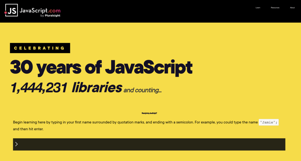 Website celebrating 30 years of JavaScript with 1,444,231 libraries, featuring a yellow background and a JavaScript coding input box.