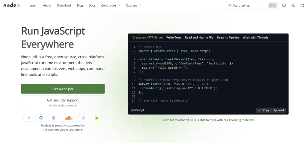 Node.js homepage highlighting its JavaScript runtime, server code example, and download options for Node.js.