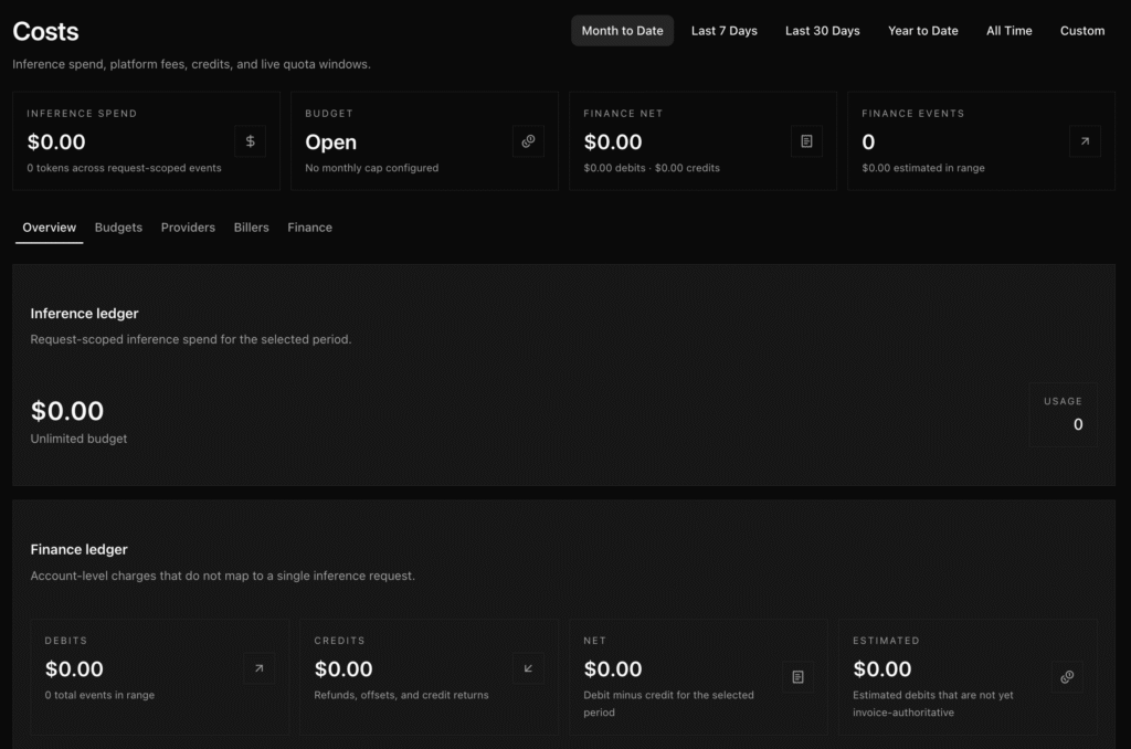 The Costs menu on Paperclip dashboard