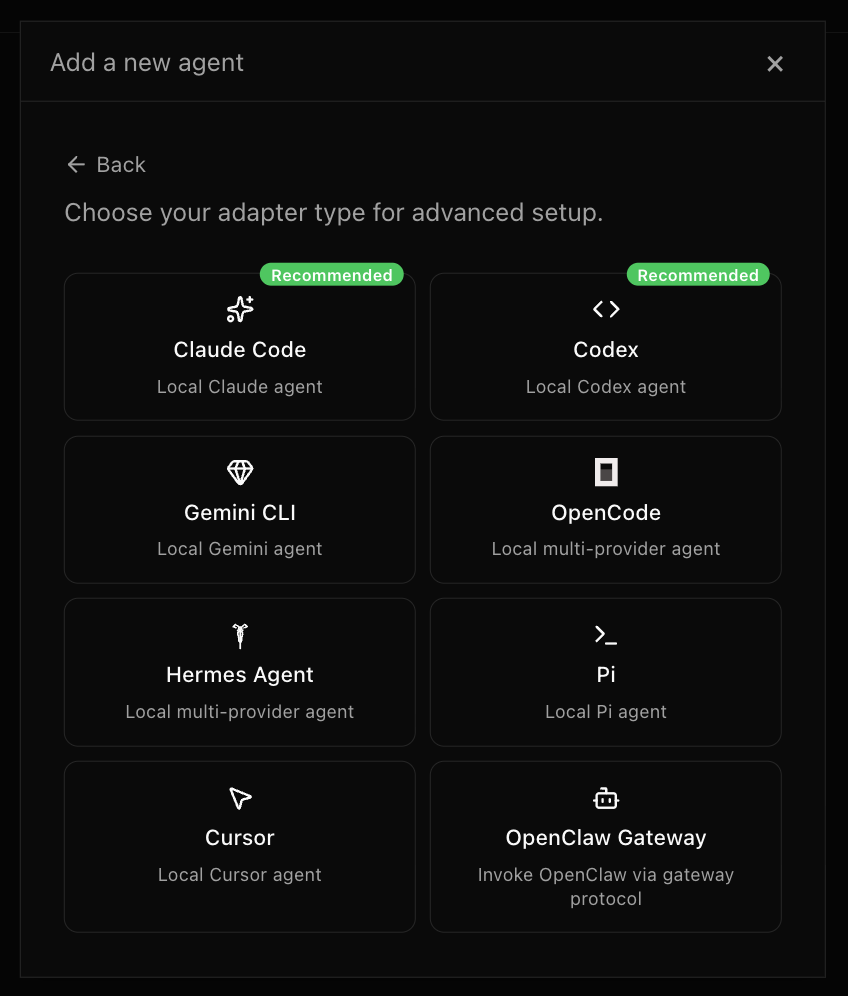 The AI adapter selection when creating a new agent on Paperclip
