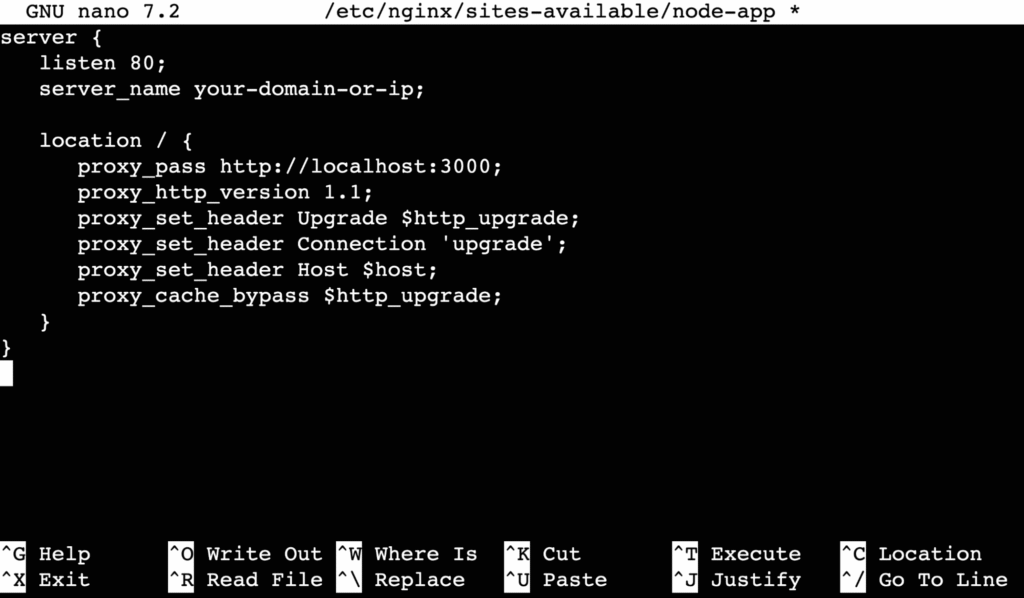 The node-app file's content in the nano text editor