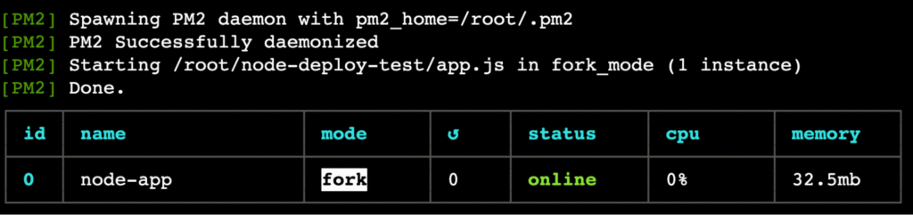 The pm2 list command's output in the terminal