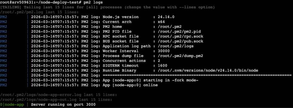The pm2 logs command's output in the terminal