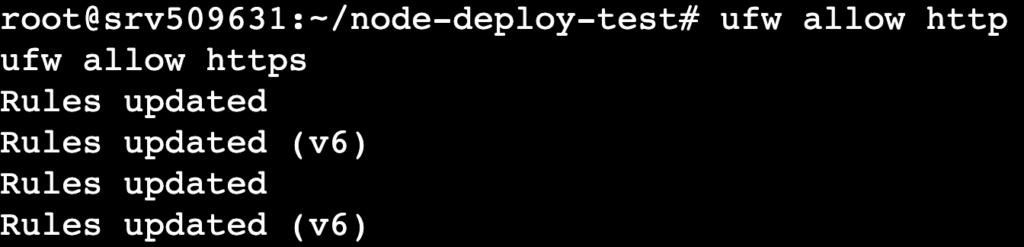 The ufw allow http and ufw allow https commands' output in the terminal