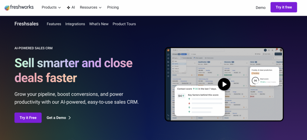 Freshsales AI-powered CRM website showcasing sales features and a demo video thumbnail.