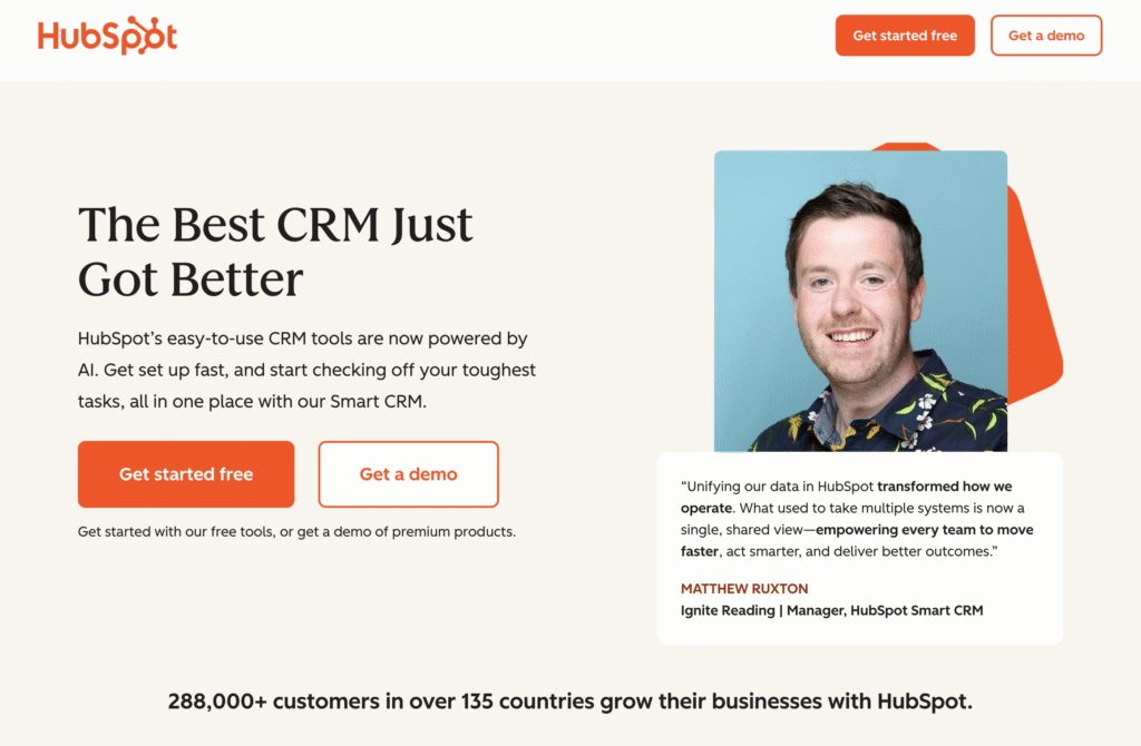 HubSpot CRM ad highlighting AI-powered tools, user testimonial, and call-to-action buttons for free start or demo.