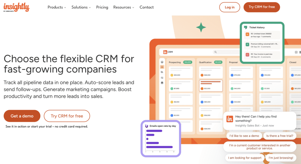 Insightly CRM homepage highlighting pipeline tracking, lead scoring, marketing campaigns, chat support, and free demo options.