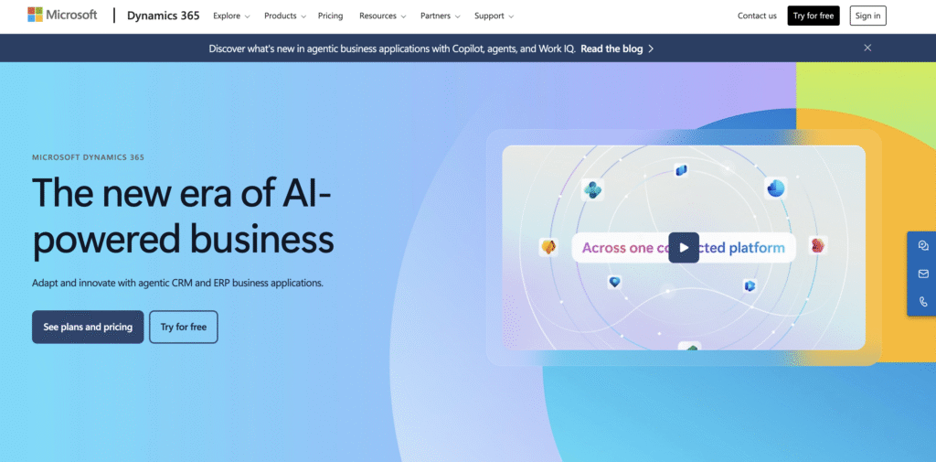 Microsoft Dynamics 365 homepage highlighting AI-powered business applications with options to see pricing or try for free.