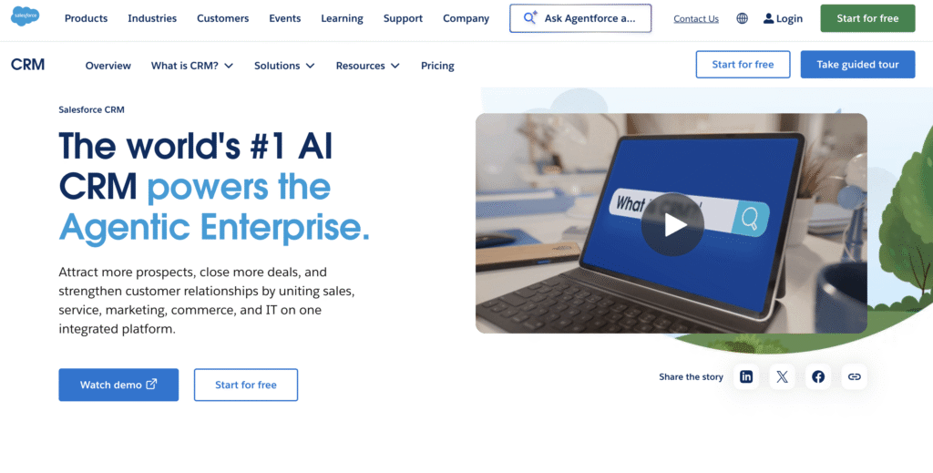 Salesforce CRM homepage showing AI-powered CRM for unified sales, service, marketing, commerce, and IT with demo and free start options.