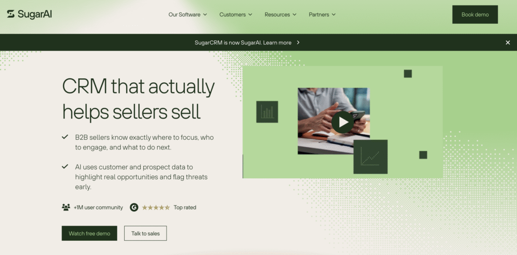 Website homepage of SugarAI CRM highlighting AI-driven sales tools, +1M users, top ratings, and options for demo or sales contact.