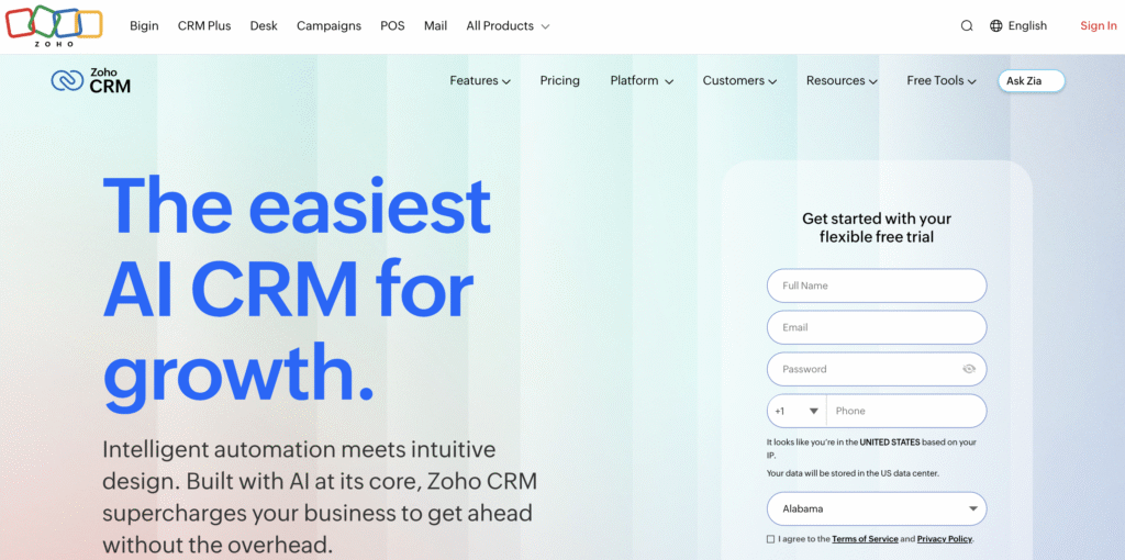 Zoho CRM homepage highlighting AI-powered CRM for growth with a free trial sign-up form.