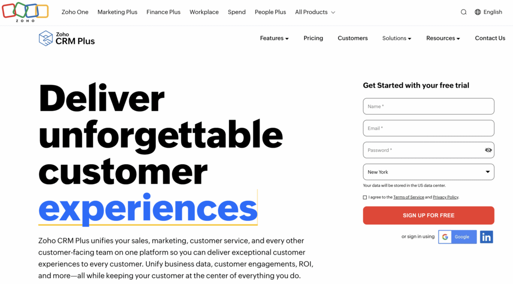 Zoho CRM Plus webpage offering a free trial to unify sales, marketing, and customer service for better customer experiences.