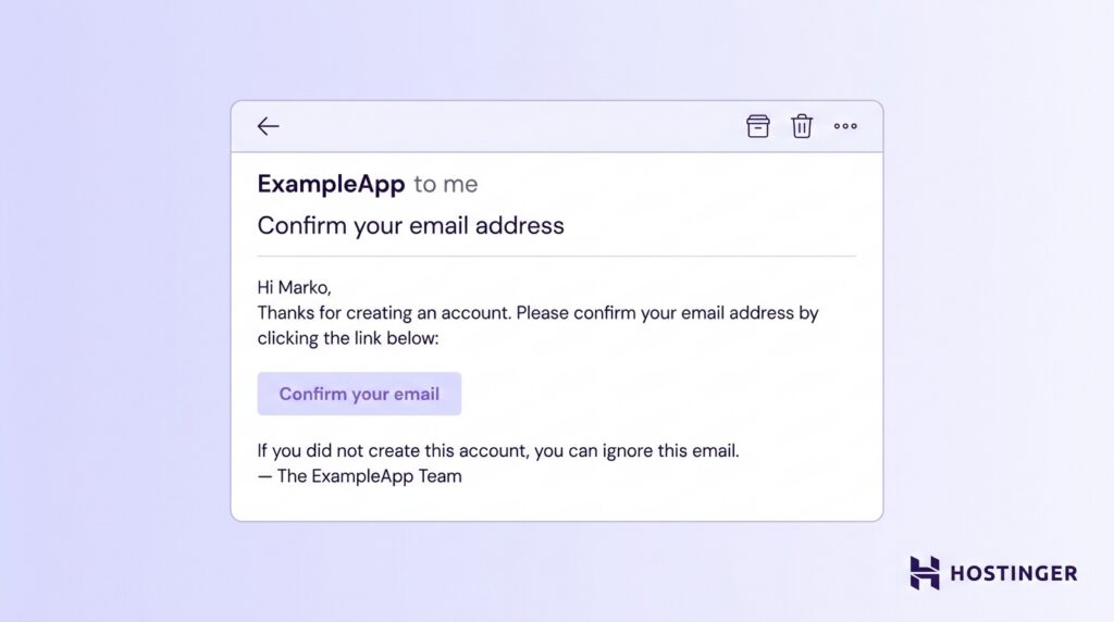 Email from ExampleApp asking user Marko to confirm their email by clicking a link, with option to ignore if unrecognized.