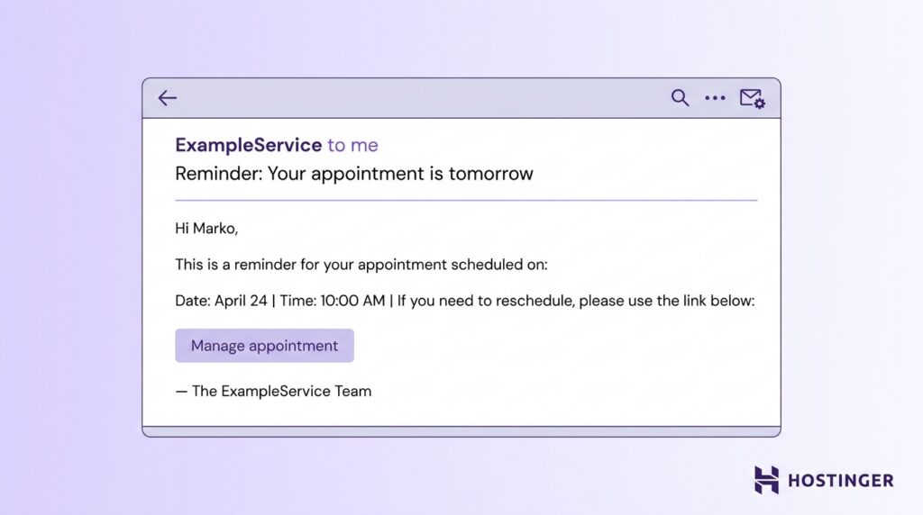 Email reminder from ExampleService about a scheduled appointment on April 24 at 10:00 AM with a link to manage the appointment.