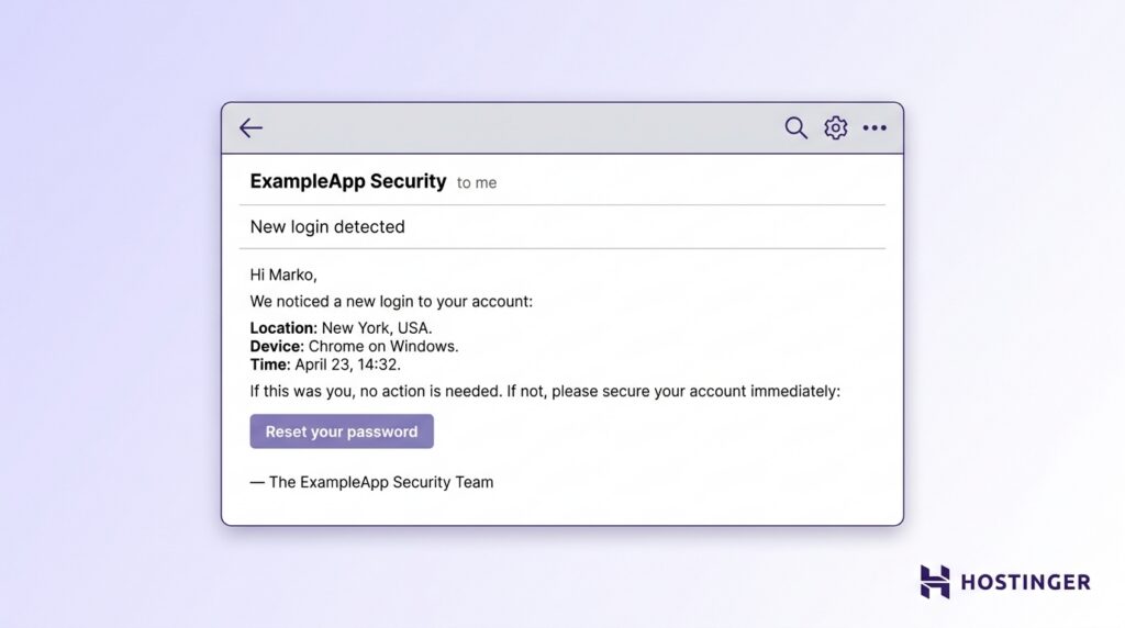 Email notification from ExampleApp Security alerting a new login from New York on Chrome, with a reset password button.